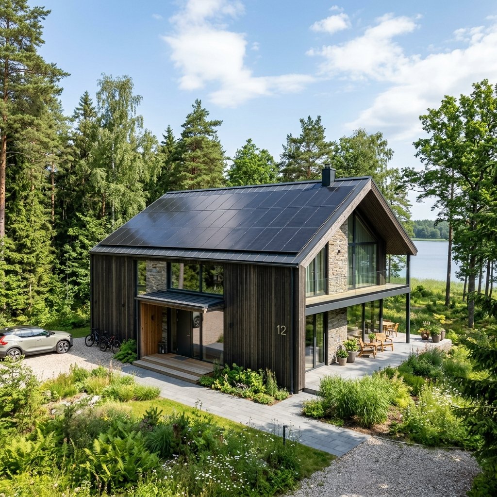 Scandinavian house with solar panels in Estonia
